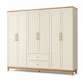 Armoire 240 x 60 x 200 cm en panneaux de bois crème et bois naturel avec portes battantes et tiroirs